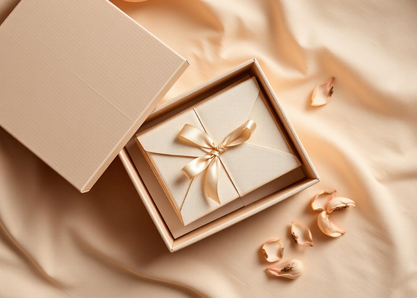 An open keepsake box revealing ivory envelopes tied with silk
