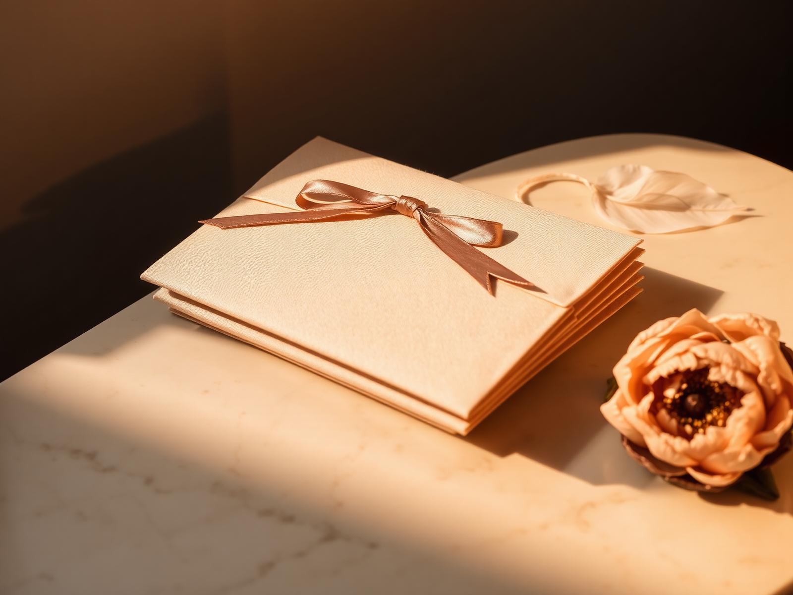 A stack of ivory linen envelopes tied with silk ribbon on warm marble